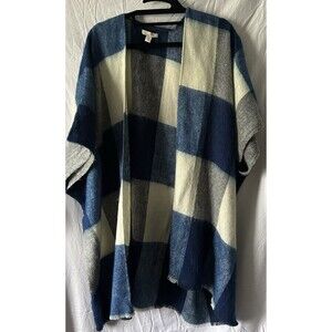 Blue Plaid Poncho  Women’s M/L  Soft Cozy Cottagecore Modern Layering Cardigan